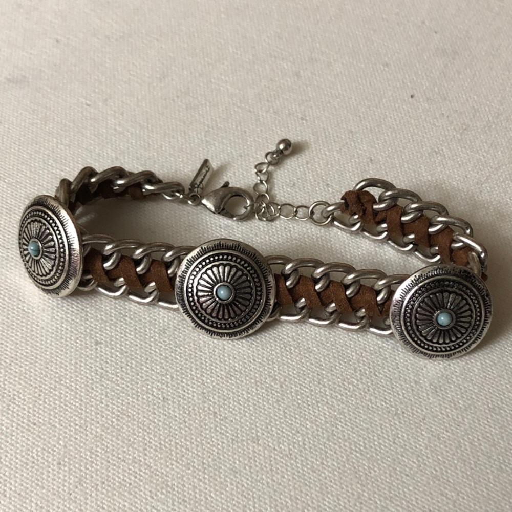 Shyanne Conchos Bracelet with Faux Suede Brown Chain with Turquoise Accents